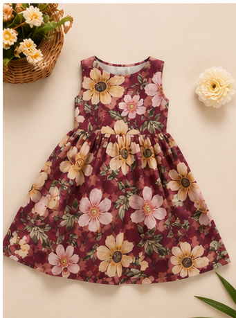 Girls Floral Fit & Flare Dress – Wine Maroon with Vintage Blossom Print