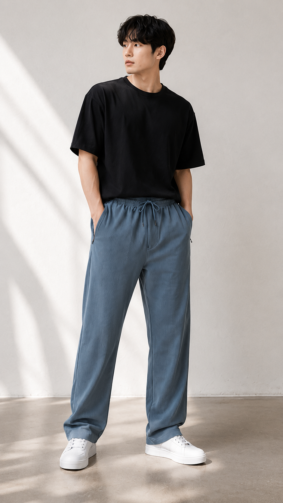 Horcun Men's Steel Blue Pleated Drawstring Trousers | Premium Relaxed Fit Pants