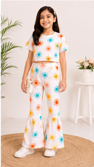Girls Summer Sun Print Co-Ord Set | Kids Crop Top & Bell Bottom Pants Outfit | Trendy Casual Wear for Girls