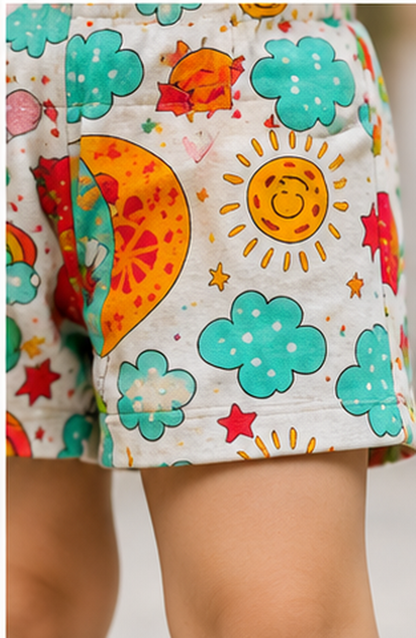 Rainbow Sky Balloon Print Kids Co-Ord Set – Cute Cloud & Sun Graphic T-Shirt & Shorts for Girls
