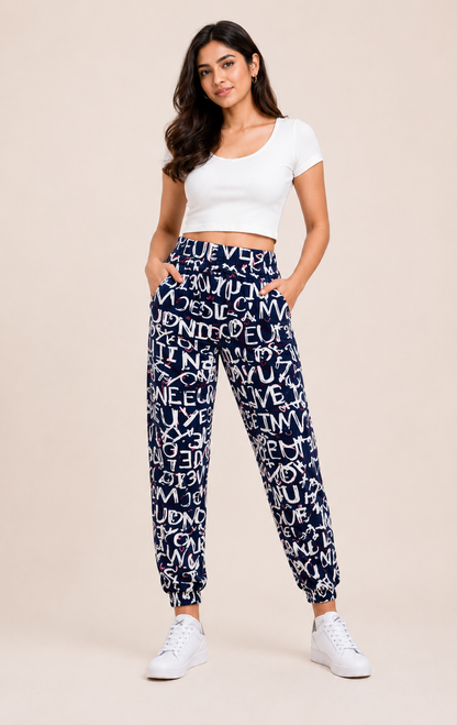 Women Navy Blue Printed Joggers – Stylish Slim Fit Casual Lounge & Streetwear Pants