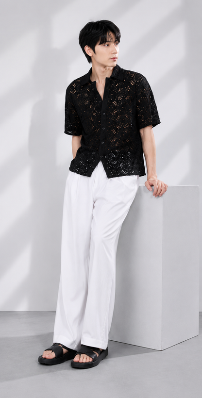 Men's Black Crochet Lace Knit Shirt – Premium Handmade Open Knit Resort Shirt