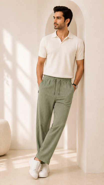 Pistachio Green Ribbed Track Pants for Men | Premium Relaxed Fit Textured Joggers with Zip Pockets