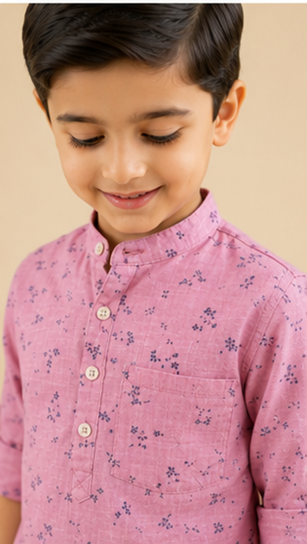 Boys Pink Floral Printed Mandarin Collar Cotton Shirt (Full Sleeve)