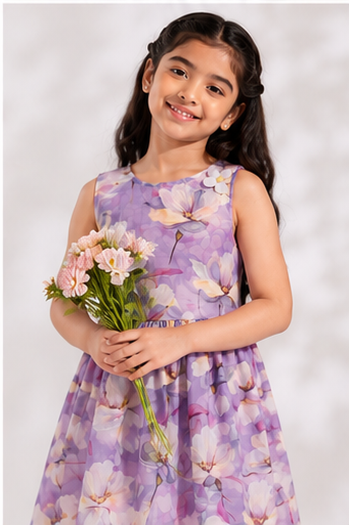 Girls Lavender Floral Print Fit & Flare Dress (Sleeveless)