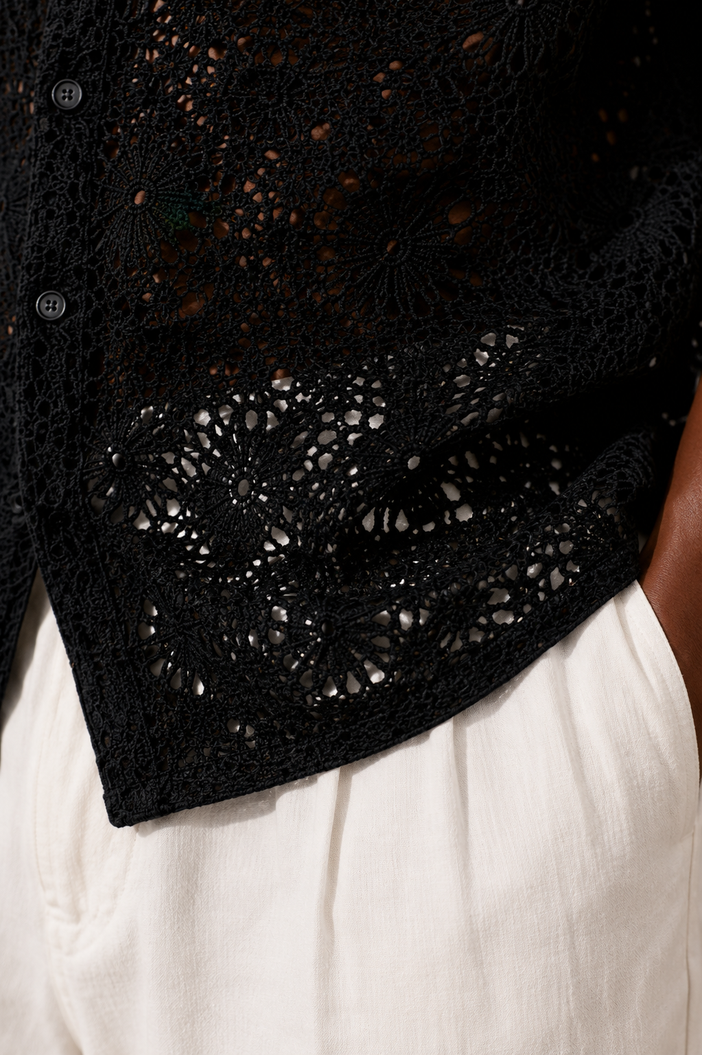 Men's Black Crochet Lace Shirt – Premium Summer Resort Wear Casual Button Down