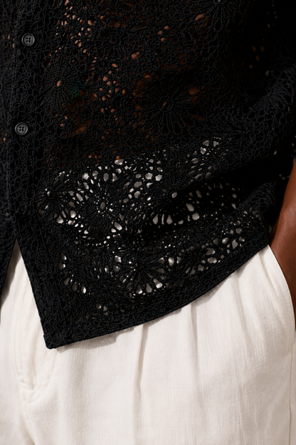 Men's Black Crochet Lace Shirt – Premium Summer Resort Wear Casual Button Down
