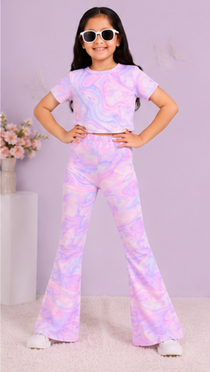 Girls Pastel Tie Dye Co-Ord Set | Kids Crop Top & Flared Pants Outfit | Trendy Casual Wear for Girls