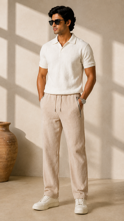 Off White Ribbed Track Pants for Men | Premium Relaxed Fit Textured Joggers with Zip Pockets