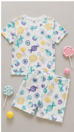 Kids Candy Print Co-ord Set | Cute Lollipop & Sweet Treat T-Shirt & Shorts Summer Outfit for Boys & Girls