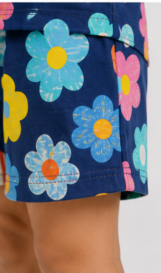 Colorful Floral Print Kids Co-Ord Set – Navy Blue Multicolor Flower T-Shirt & Shorts for Girls