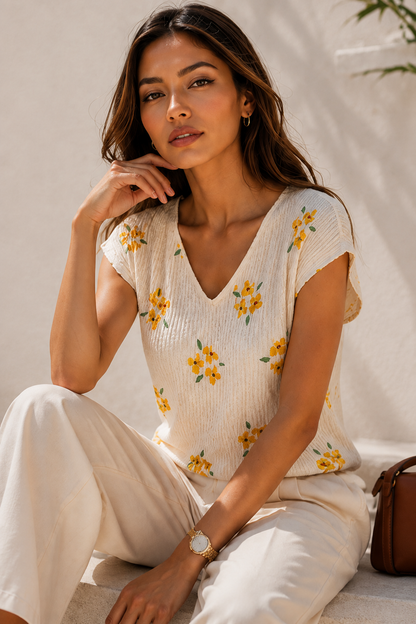 Horcun Women's Ivory Floral Textured V-Neck Top | Elegant Casual Wear