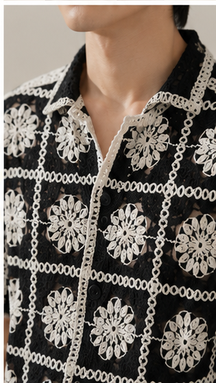 Men's Black & White Crochet Floral Grid Shirt – Premium Handmade Knit Resort Wear Shirt