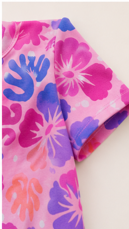 Tropical Floral Kids Co-Ord Set – Pink & Purple Hibiscus Printed T-Shirt & Shorts for Girls