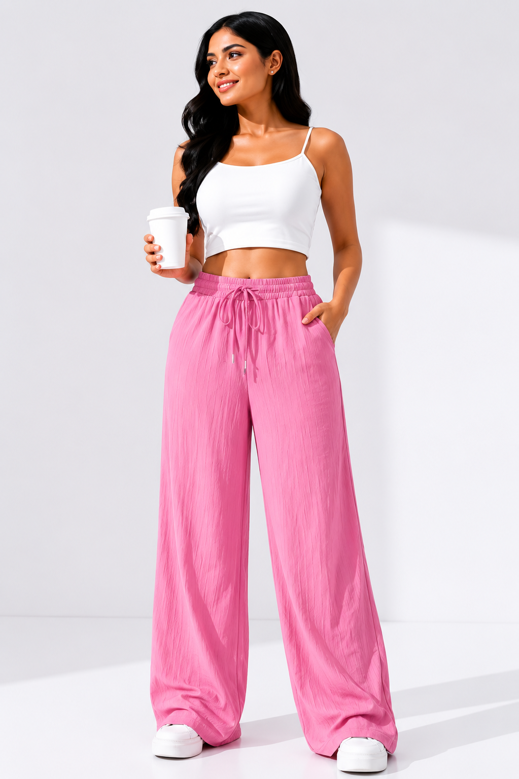 Pink Wide Leg Palazzo Pants for Women | Elastic Waist Crinkle Lounge Trousers