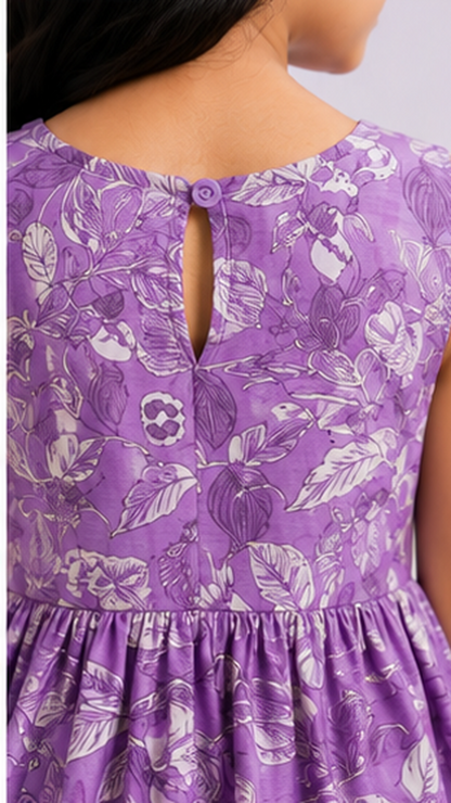 Girls Floral Fit & Flare Dress – Lavender Purple with Botanical Print