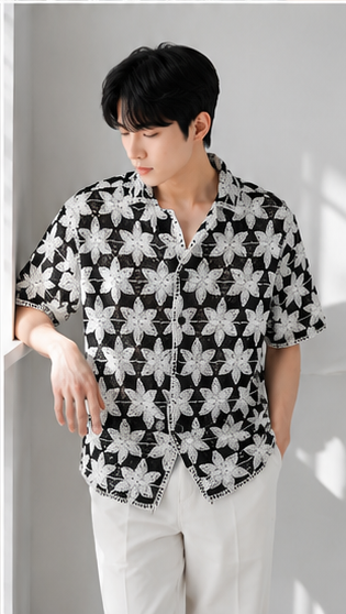 Men's Black & White Crochet Floral Knit Shirt – Handmade Luxury Resort Wear Shirt