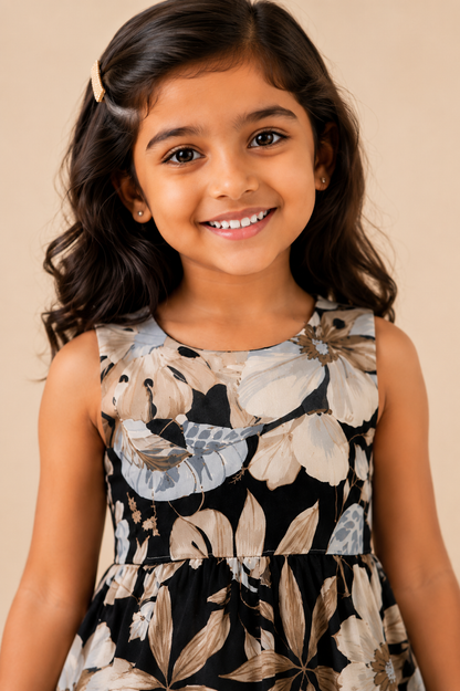 Girls Navy Blue & White Floral Print Fit & Flare Dress (Sleeveless)