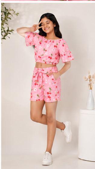 Girls Pink Cherry Print Off-Shoulder Co-ord Set with Tie-Up Shorts