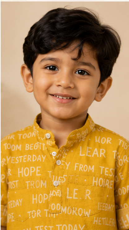 Boys Mustard Yellow Typography Print Mandarin Collar Shirt (Full Sleeve)