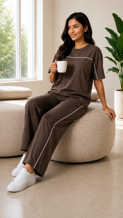 Women’s Coffee Brown Co-ord Set | Premium Relaxed Fit Lounge Wear