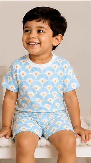 Sky Blue Scallop Print Kids Co-Ord Set | Soft Cotton Summer Outfit for Boys & Girls