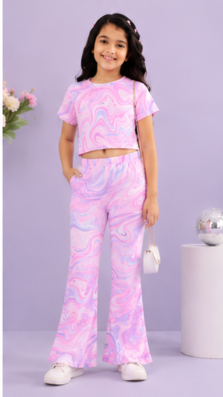 Girls Pastel Marble Co-Ord Set | Kids Crop Top & Flared Pants Outfit | Stylish Party Wear for Girls