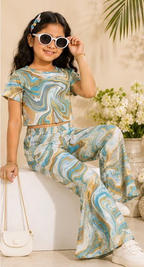 Girls Multicolor Marble Co-Ord Set | Kids Crop Top & Flared Pants Outfit | Trendy Casual Wear for Girls