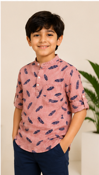Boys Peach Feather Print Mandarin Collar Shirt (Full Sleeve)