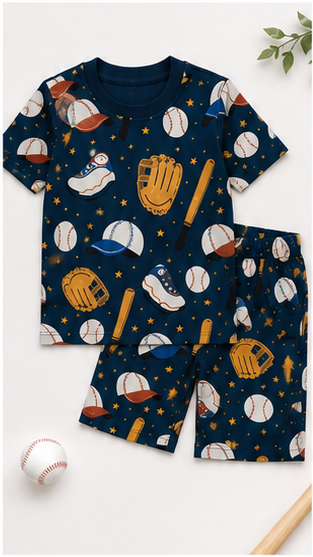 Baseball Sports Print Kids Co-Ord Set – Cotton T-Shirt & Shorts Summer Outfit for Boys