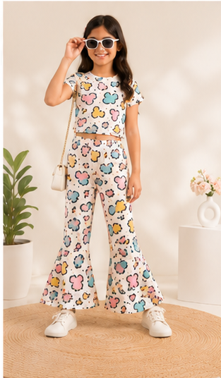 Girls Cartoon Print Co-Ord Set | Kids Crop Top & Bell Bottom Pants Outfit | Trendy Western Wear for Girls