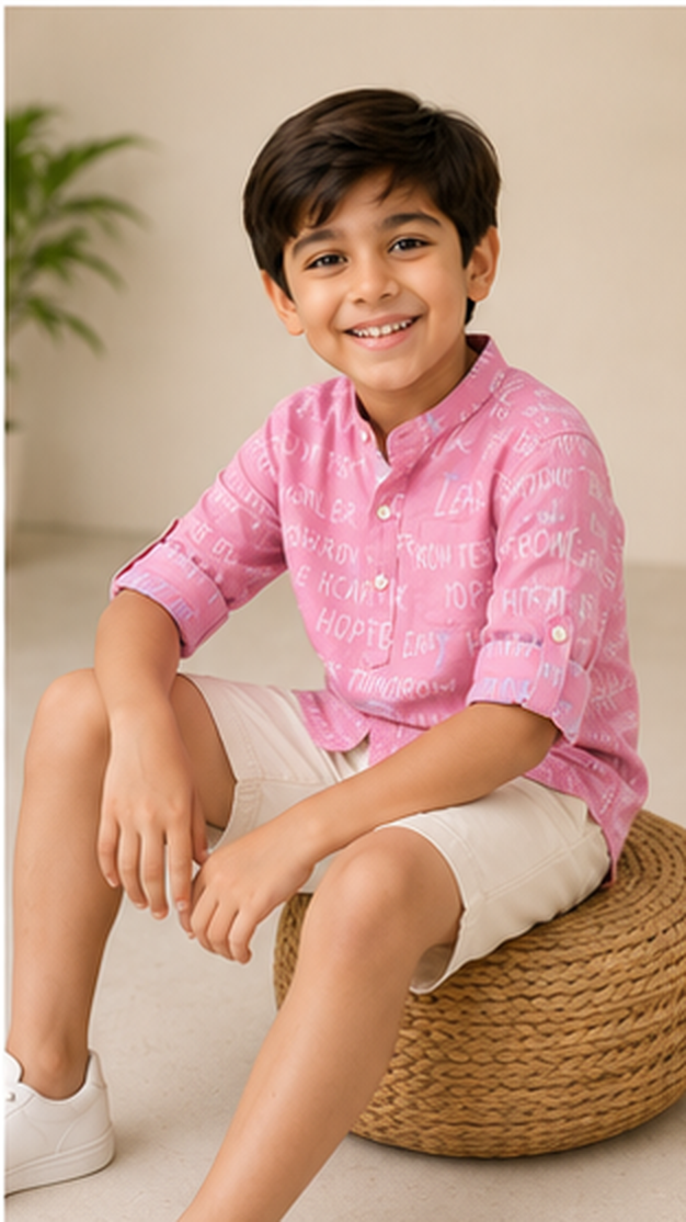 Boys Pink Typography Print Mandarin Collar Shirt (Full Sleeve)