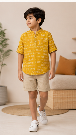 Boys Mustard Yellow Typography Print Mandarin Collar Shirt (Full Sleeve)