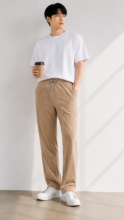Horcun Men's Sand Beige Corduroy Drawstring Trousers | Premium Casual Pants