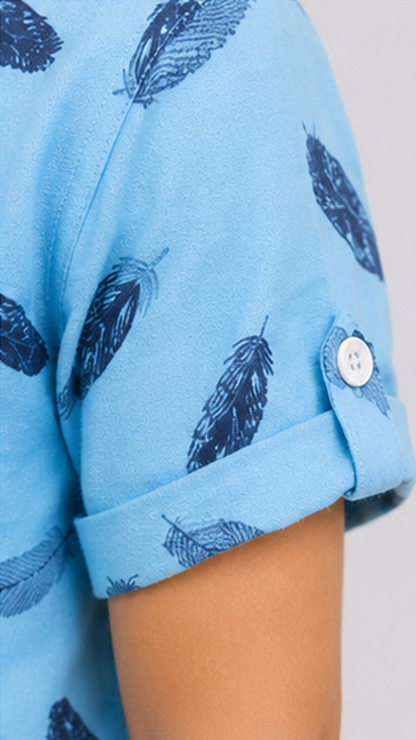 Boys Sky Blue Feather Print Mandarin Collar Shirt (Full Sleeve)