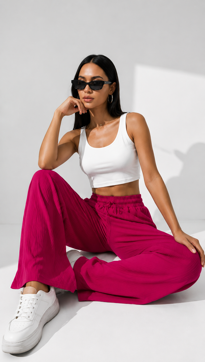 Fuchsia Pink Wide Leg Palazzo Pants for Women | Drawstring Elastic Waist Lounge Trousers