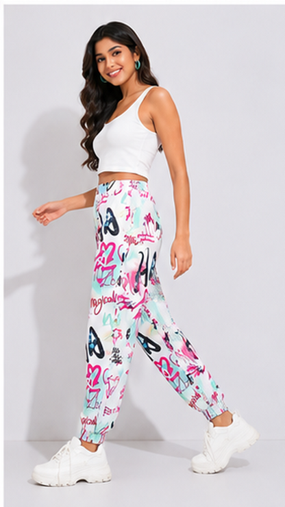 Women White Graffiti Printed Joggers – Stylish Casual Lounge & Streetwear Pants