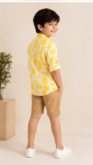 Boys White & Yellow Polka Dot Cotton Short Kurta Shirt – Trendy Summer Kidswear
