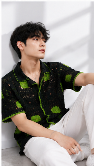 Men's Black & Olive Green Crochet Granny Square Shirt – Premium Handmade Resort Wear Knit Shirt