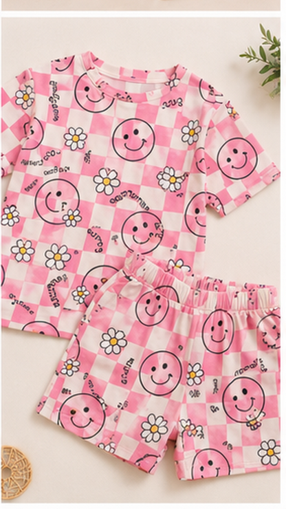 Pink Smiley Checkered Kids Co-Ord Set – Cute Daisy Print T-Shirt & Shorts for Girls