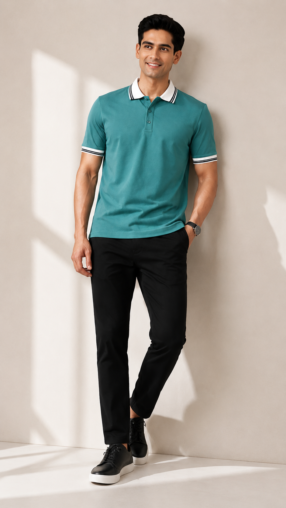 Men’s Premium Aqua Green Polo T-Shirt with White Contrast Collar & Sleeve Stripes