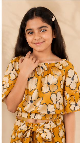 Girls Mustard Floral Off-Shoulder Co-ord Set with Tie-Up Shorts