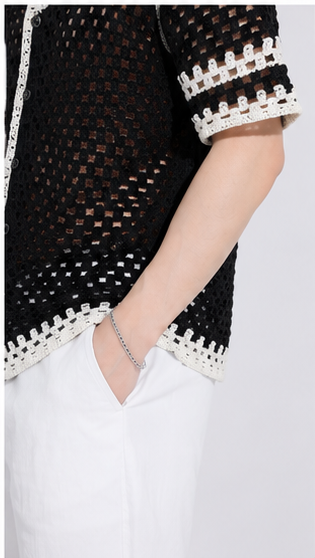 Men's Black Open Mesh Crochet Shirt – Premium Handmade Resort Wear Knit Shirt