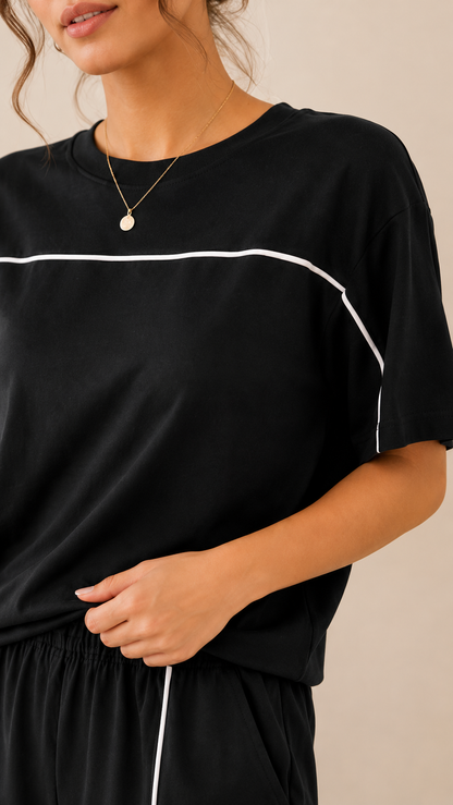 Women’s Black Co-ord Lounge Set | Premium Relaxed Fit T-Shirt & Straight Pants Set