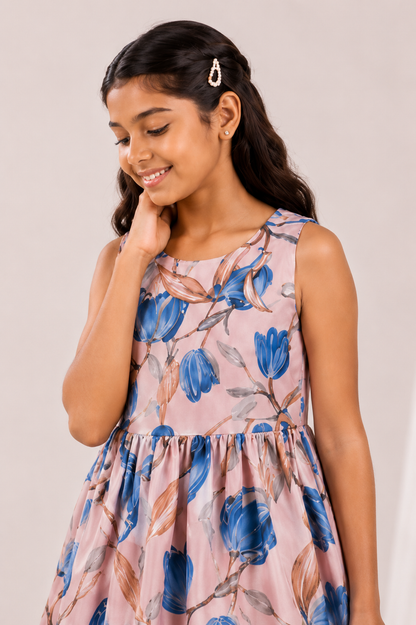 Girls Blush Pink & Blue Floral Print Fit & Flare Dress (Sleeveless)