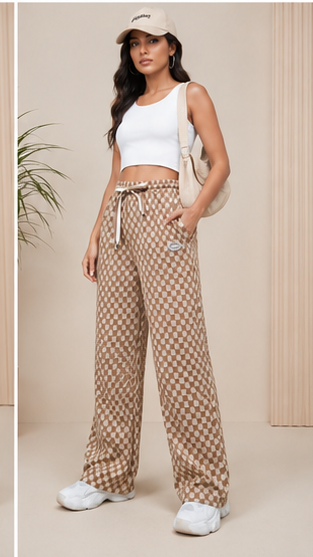 Women Beige Printed Wide Leg Pants – Stylish Casual Lounge & Relaxed Fit Trousers