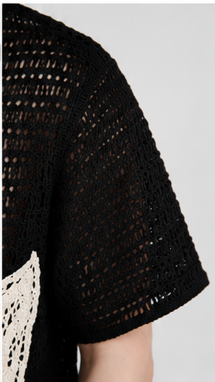 Men's Black Crochet Abstract Floral Shirt – Premium Handmade Open Knit Resort Wear Shirt