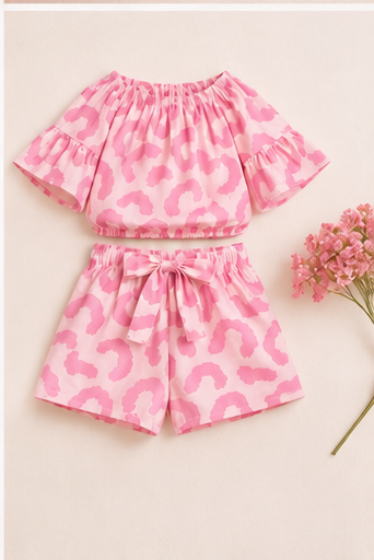 Girls Pink Leopard Print Off-Shoulder Co-ord Set with Tie-Up Shorts