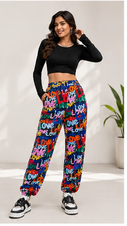 Women Multicolor Graffiti Printed Joggers – Trendy Casual Streetwear & Lounge Pants