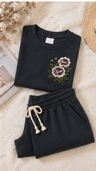 Women’s Black Floral Embroidered Co-Ord Set – Casual T-Shirt & Shorts Lounge Wear